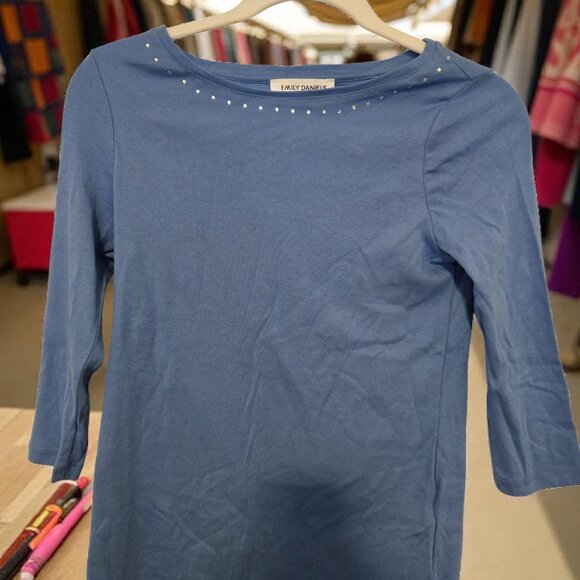 NWT Emily Daniels 3/4 Sleeve Ribbed Boat Neck Top - Marina Blue - Petite XS - Picture 2 of 6